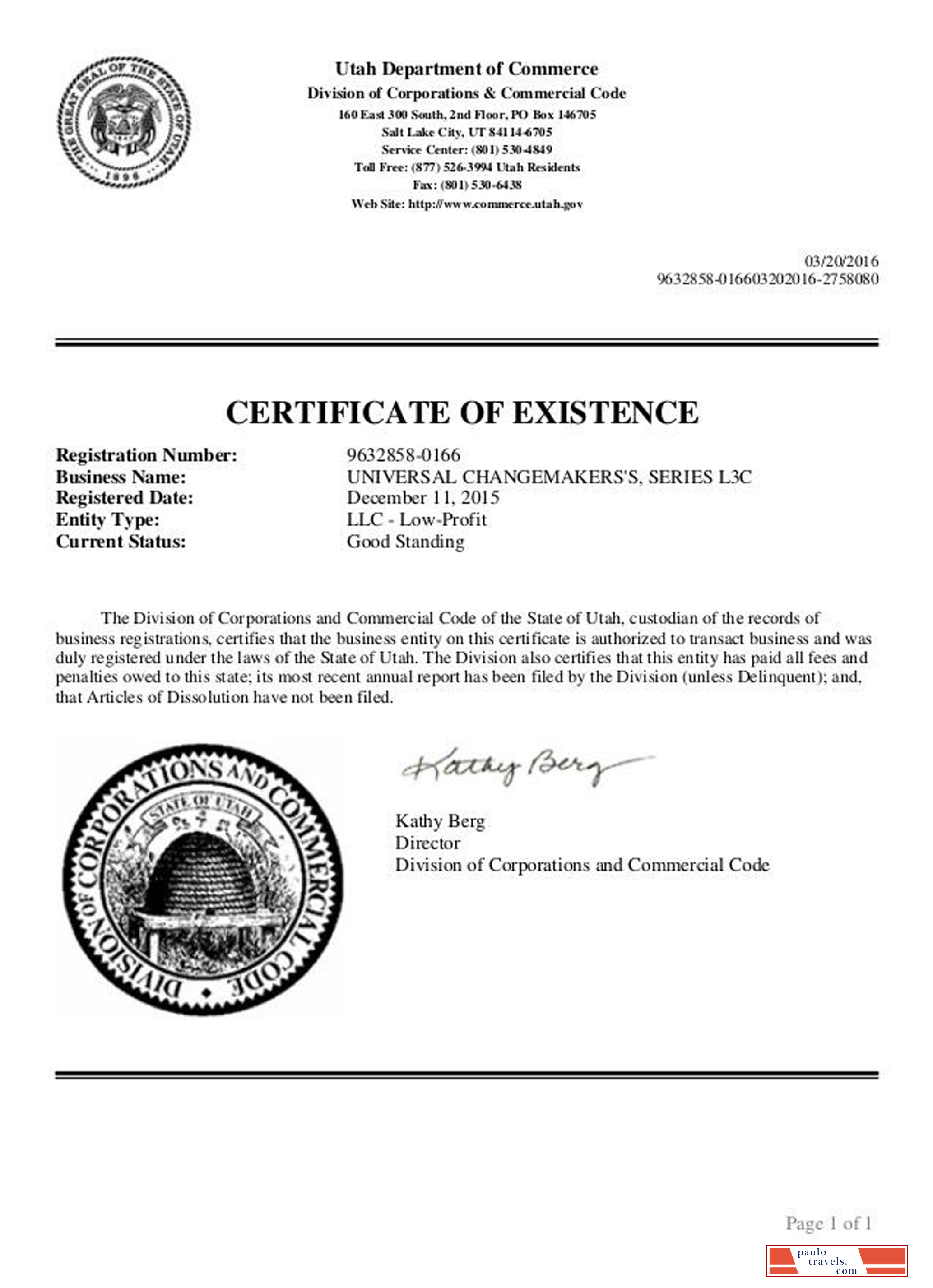 USA Utah certificate of good standing